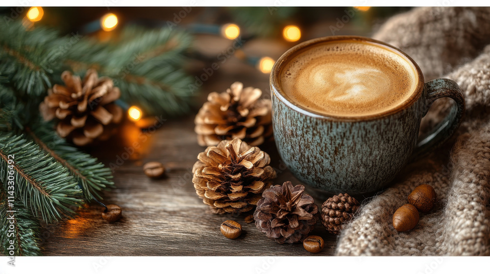 Warm coffee cup surrounded by pine cones and Christmas lights creates cozy atmosphere perfect for winter. Enjoy festive spirit with this inviting scene Warm coffee cup surrounded by pine cones and Christmas lights creates cozy atmosphere perfect for winter. Enjoy festive spirit with this inviting scene