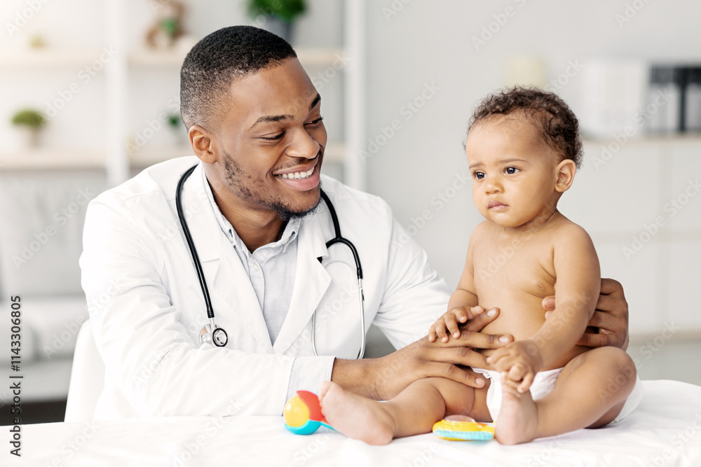 Obraz premium Medical Care For Babies. Smiling Black Pediatrician Making Health Check Up For Little Baby Patient In Clinic, Friendly African American Doctor Having Appointment With Cute Infant Child, Closeup