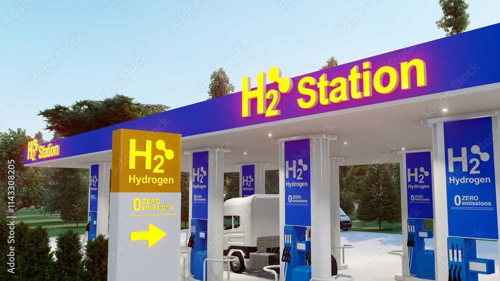 Naklejka premium Hydrogen charging gas station. Hydrogen refueling the car on the filling station for eco friendly transport. H2O, 4K Ultra Hd. Electric car station.