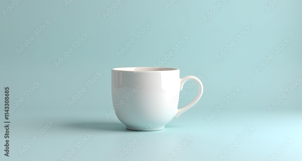 White blank cup on light blue background. Teacup or coffee mug mockup White blank cup on light blue background. Teacup or coffee mug mockup