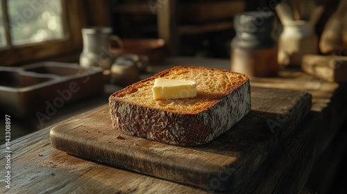 Rustic toasted bread with butter on a wooden cutting board in a vintage kitchen setting. photo