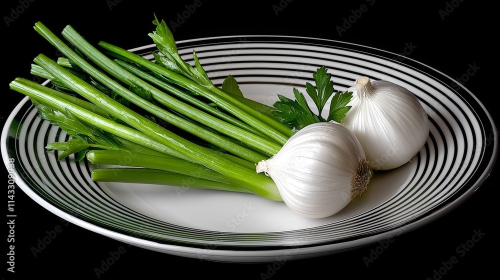 Artful black and white composition of freshly picked vegetables placed on a vintage ceramic plate, evoking timeless nutrition and simplicity Artful black and white composition of freshly picked vegetables placed on a vintage ceramic plate, evoking timeless nutrition and simplicity