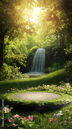 Photo like a circular forest platform surrounded by lush green grass and blooming flowers with an enchanting forest in the background with trees in the sky and dapp photo