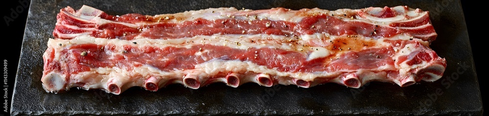 Raw seasoned lamb ribs on dark stone. Raw seasoned lamb ribs on dark stone.