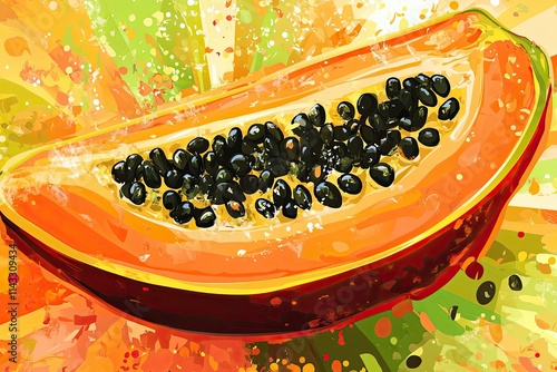 A vibrant papaya slice bursting with juicy seeds photo