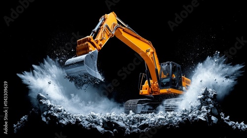 Heavy machinery demolishing concrete debris in an urban construction site at night