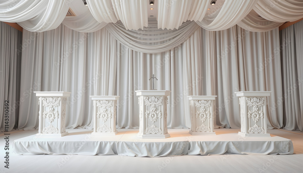 Fototapeta premium Transforming the stage into a picture of elegance the white podiums are beautifully adorned with vintage lace and shimmering pearls ., clipart style