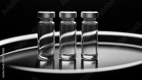 Black and white image emphasizing texture, with three glass vials on a simple silver tray, softly lit to highlight minimalist elegance photo