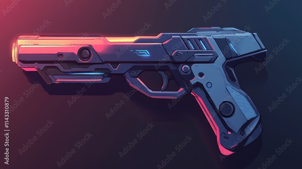 A futuristic, stylized handgun with neon accents against a dark background. A futuristic, stylized handgun with neon accents against a dark background.