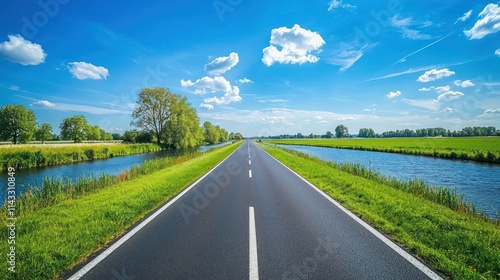 Dutch Landscape with Blue Sky, Puffy Clouds, Green Fields, and a Canal Alongside a Tree-Lined Bike Path and Asphalt Road, Capturing Scenic Serenity