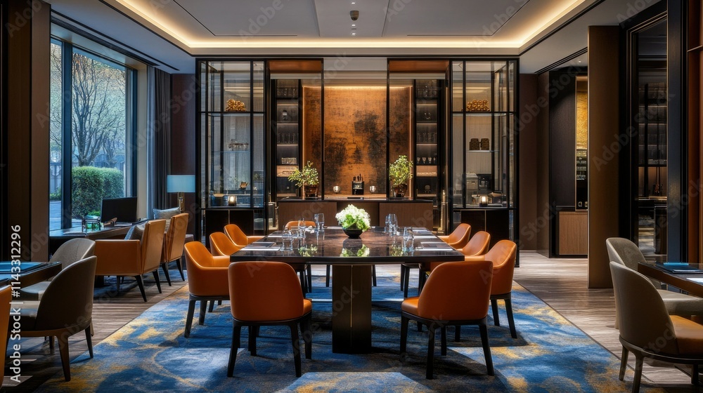 Elegant Modern Dining Room with Stylish Decor and Warm Ambiance Elegant Modern Dining Room with Stylish Decor and Warm Ambiance