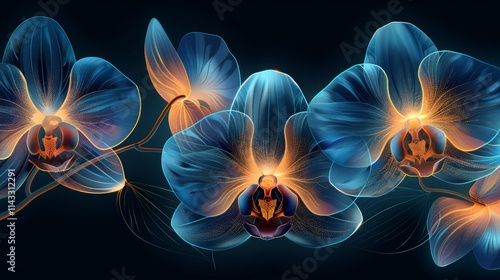 Glowing blue orchids with orange centers on dark background.