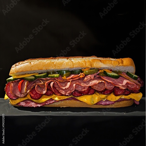 A large, delicious meat-filled sandwich with cheese, pickles, and peppers on a long roll. photo