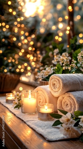 Luxury spa background with candles, rolled towels, and flowers, serene relaxation atmosphere decorated with glowing garlands and Christmas decor for spa vacations and wellness centers