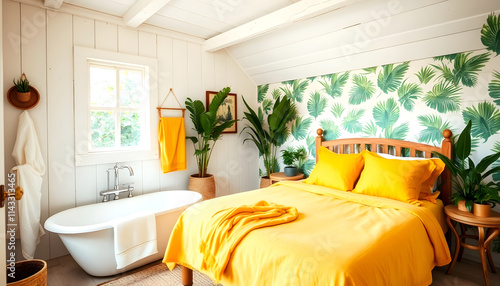Wallpaper Mural White and yellow bohemian wooden bathroom and bedroom. Bathtub, bed, towel rack, potted plants. Tropical wallpaper. Rustic interior design Torontodigital.ca