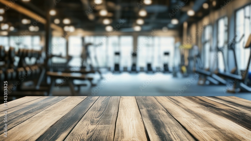 A gym interior with a wooden table in the foreground and fitness equipment in the background. A gym interior with a wooden table in the foreground and fitness equipment in the background.