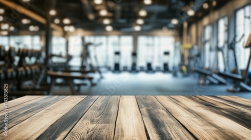 Wallpaper Mural A gym interior with a wooden table in the foreground and fitness equipment in the background. Torontodigital.ca