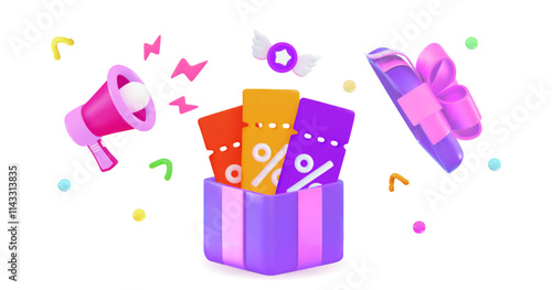 Purple gift surrounded by discount coupons Christmas and exclusive benefits concept