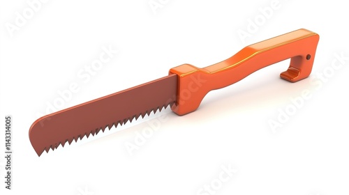 Close-up of a hand saw isolated on a white background. The saw features a sturdy handle and sharp teeth, perfect for woodcutting and DIY projects. Its metal blade reflects light, showcasing durability