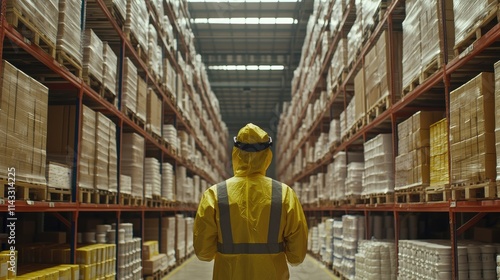 Worker in Yellow Jacket Observing Warehouse Full of Cardboard Boxes