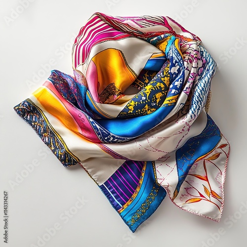 Colorful silk scarf rolled on white background.