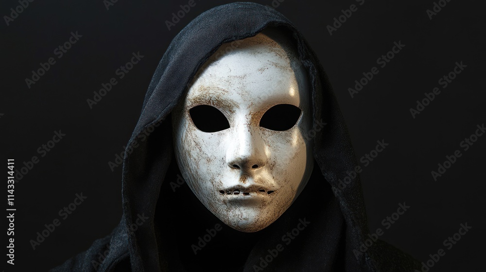 A haunting figure wearing a worn white mask and dark hood, evoking mystery and intrigue. A haunting figure wearing a worn white mask and dark hood, evoking mystery and intrigue.