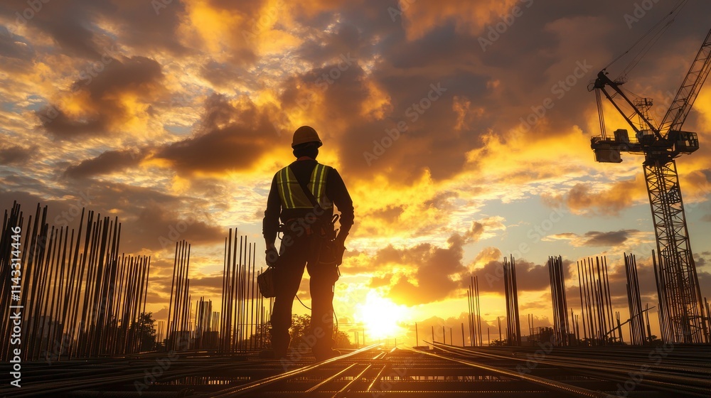 Fototapeta premium Construction Worker Silhouette Against Dramatic Sunset Sky
