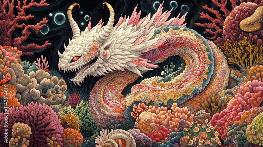 Mythical sea dragon amidst vibrant coral reef. Mythical sea dragon amidst vibrant coral reef.