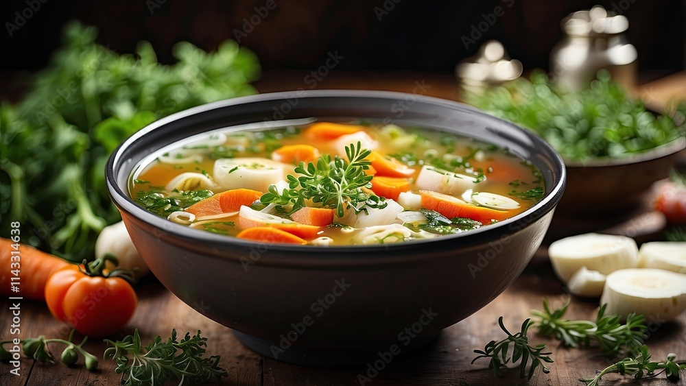 A bowl of steaming hot soup with fresh herbs and sliced vegetables, captured with a blurred background. A bowl of steaming hot soup with fresh herbs and sliced vegetables, captured with a blurred background.