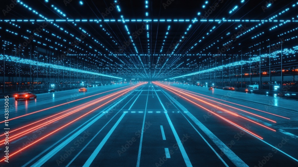 Futuristic highway with glowing lines and cars at night. Futuristic highway with glowing lines and cars at night.