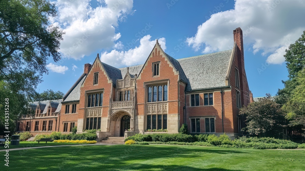 A historic brick building with a landscaped lawn and blue sky. A historic brick building with a landscaped lawn and blue sky.