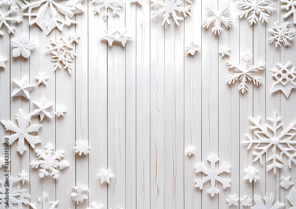 White wooden background with white snowflakes and stars, space for text White wooden background with white snowflakes and stars, space for text