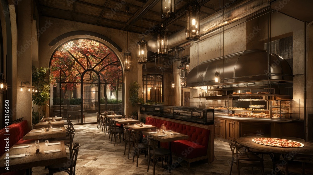 Cozy Modern Restaurant Interior with Warm Ambience and Autumn View Cozy Modern Restaurant Interior with Warm Ambience and Autumn View