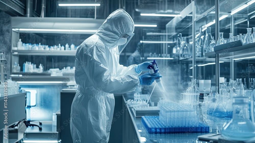 Scientist in Protective Suit Conducting Experiment in Modern Lab Scientist in Protective Suit Conducting Experiment in Modern Lab