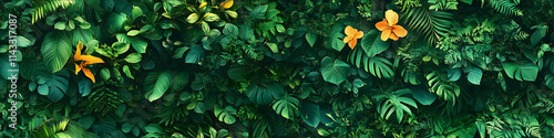 A vector texture of dense Atlantic forest with a predominance of green color depth simulated by colors and shadows layers some small elements of tropical fauna in w photo