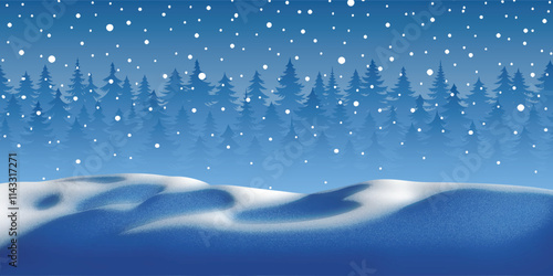 Winter landscape, forest and snowfall, snowdrifts, vector illustration
