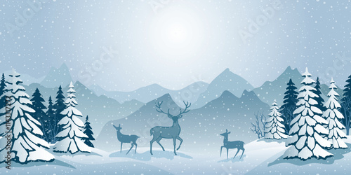 Winter landscape, deer in the forest, snowdrifts and forest, snowfall and sunshine, vector illustration	

