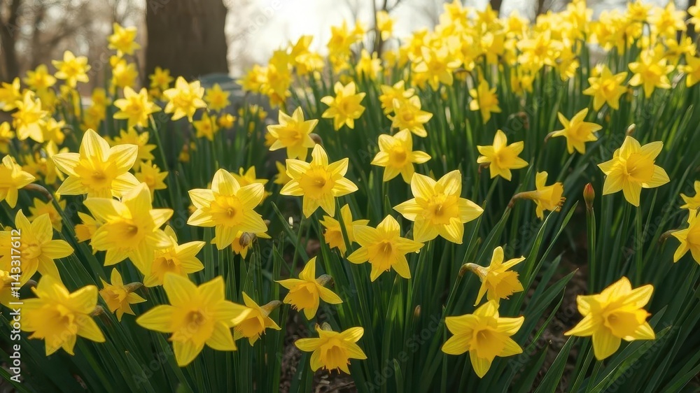 Fototapeta premium Bright yellow daffodils in full bloom, vibrant spring scene, yellow flowers,leaves,garden