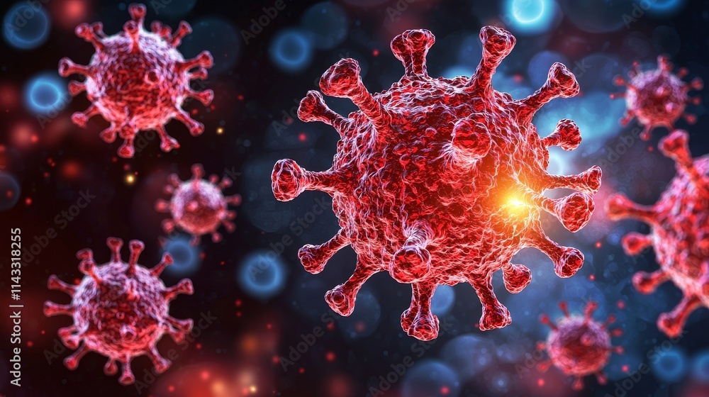 Microbial close-up of virus structure with highlighted features depicting infection and disease spread in healthcare Microbial close-up of virus structure with highlighted features depicting infection and disease spread in healthcare