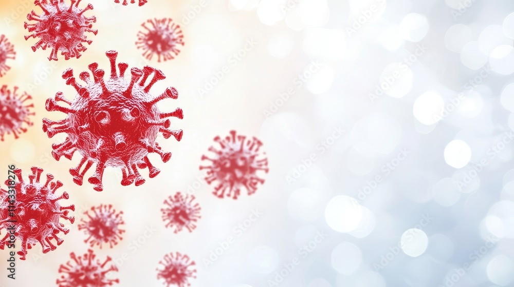 Colorful depiction of virus particles on a soft bokeh background illustrating health-related themes Colorful depiction of virus particles on a soft bokeh background illustrating health-related themes
