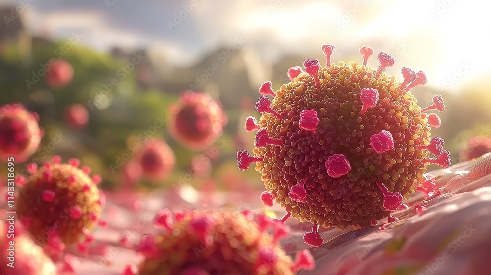 Realistic close-up view of a virus under microscopic observation in a natural environment during sunrise Realistic close-up view of a virus under microscopic observation in a natural environment during sunrise