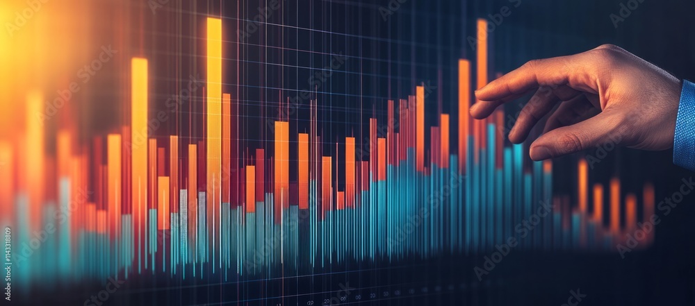 Hand interacting with a vibrant financial graph showing growth and progress. Hand interacting with a vibrant financial graph showing growth and progress.