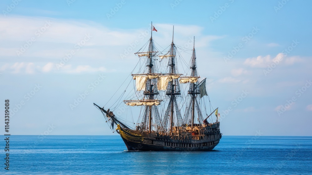 A majestic tall ship sailing on calm waters under a clear blue sky. A majestic tall ship sailing on calm waters under a clear blue sky.