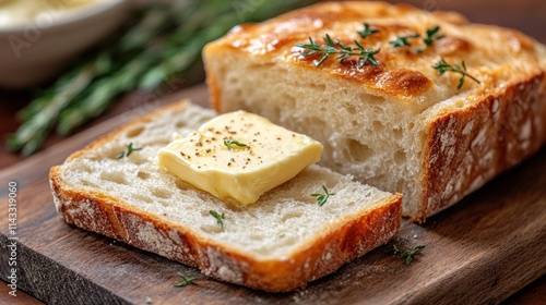 Sliced artisan bread with butter and herbs on a wooden board.