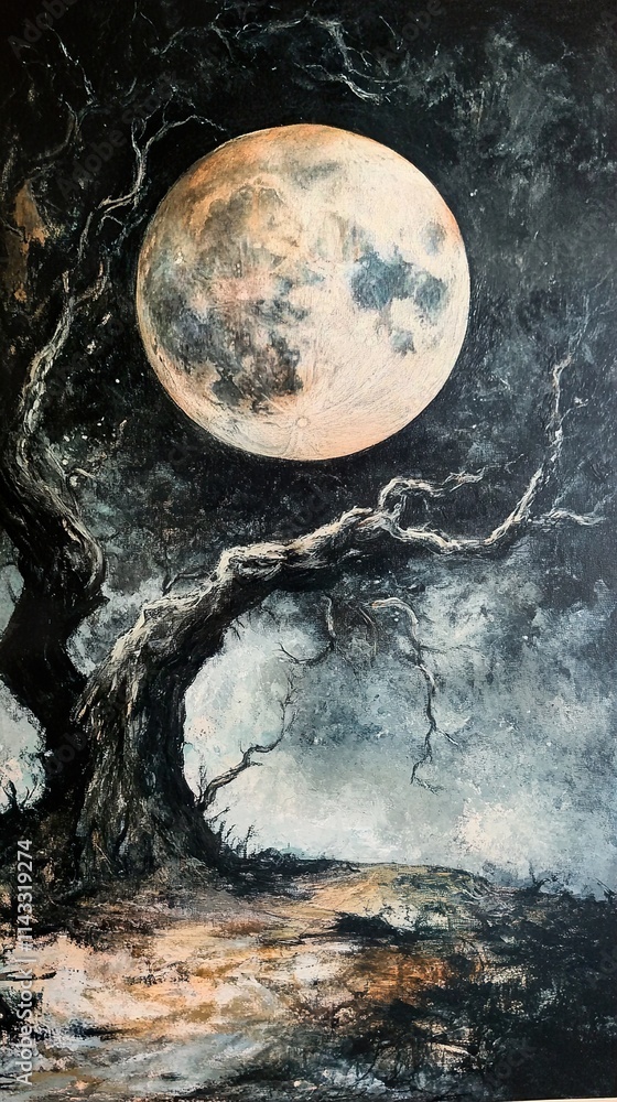 Fototapeta premium Mystical Moonlight: A Dark Landscape Painting