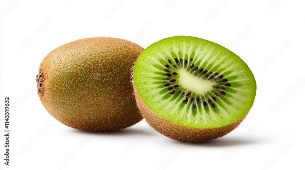Whole kiwi fruit with a sliced piece beside it, showcasing the fuzzy brown skin and bright green interior with seeds, isolated on a white background Whole kiwi fruit with a sliced piece beside it, showcasing the fuzzy brown skin and bright green interior with seeds, isolated on a white background