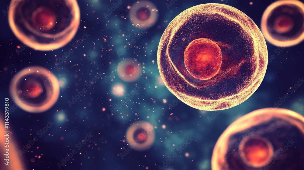 Fototapeta premium Colorful Microbiology Illustration with Cells and Nuclei in a Dynamic Scientific Background