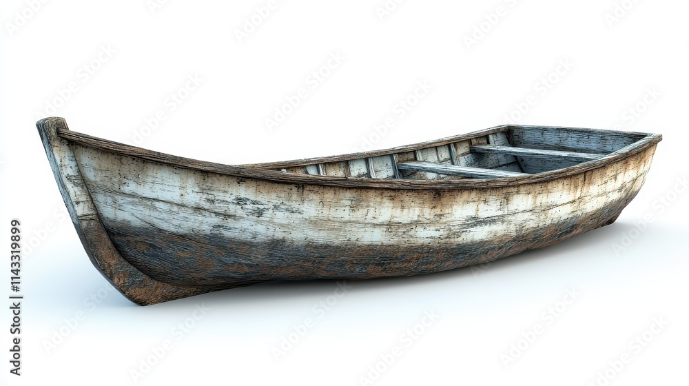 Isolated on a white background, this detailed 3D illustration depicts a traditional flat-bottomed boat with a rectangular design showcasing weathered textures Isolated on a white background, this detailed 3D illustration depicts a traditional flat-bottomed boat with a rectangular design showcasing weathered textures