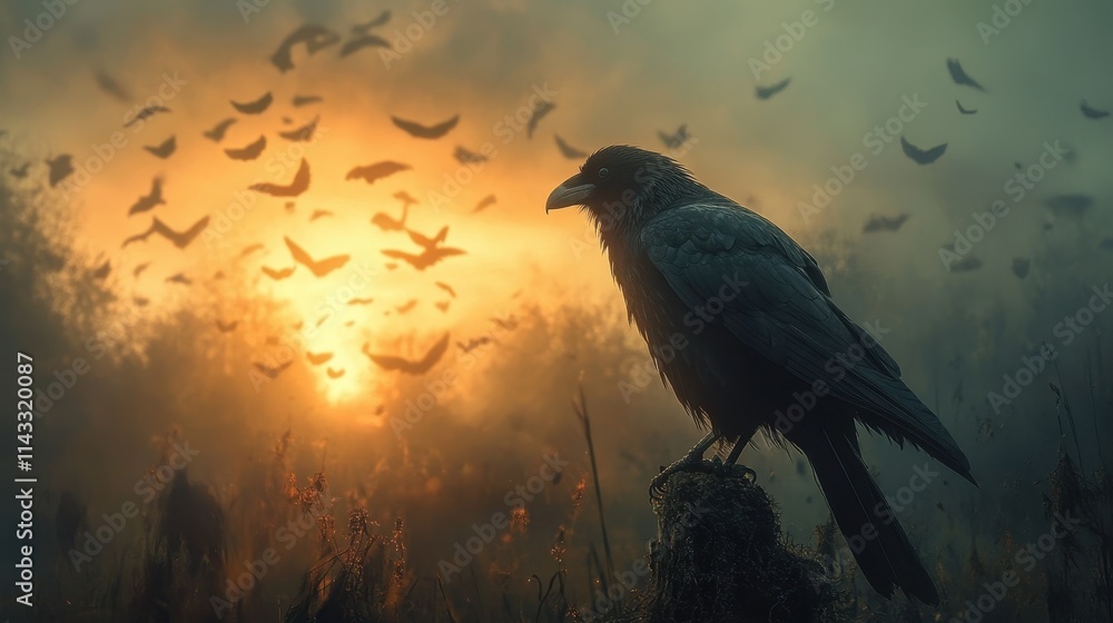 Fototapeta premium Black crow is perched on a tree stump in a field of tall grass