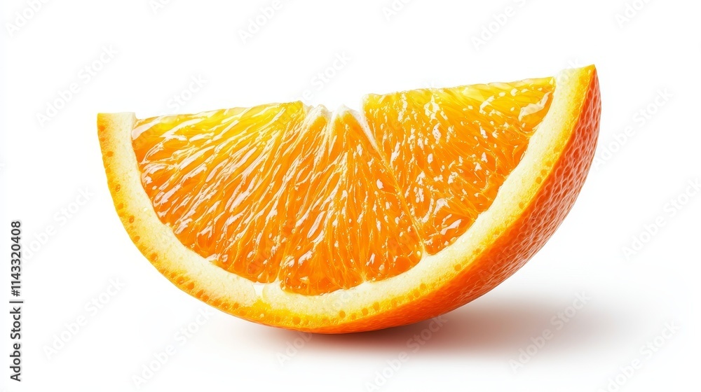 Vivid close-up of a single juicy orange slice, vibrant pulp texture, fresh and zesty, isolated on clean white background, perfect for advertising Vivid close-up of a single juicy orange slice, vibrant pulp texture, fresh and zesty, isolated on clean white background, perfect for advertising